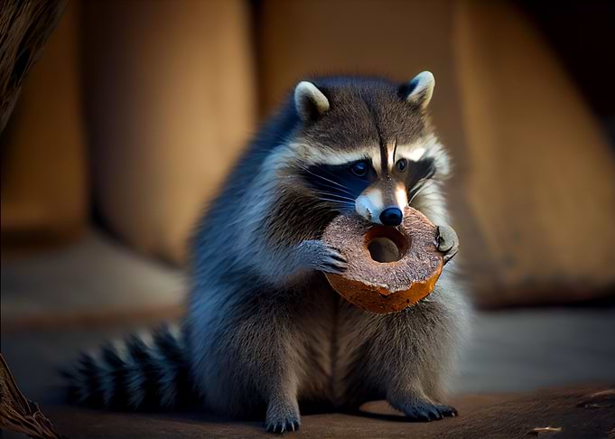 Raccoon eats donut