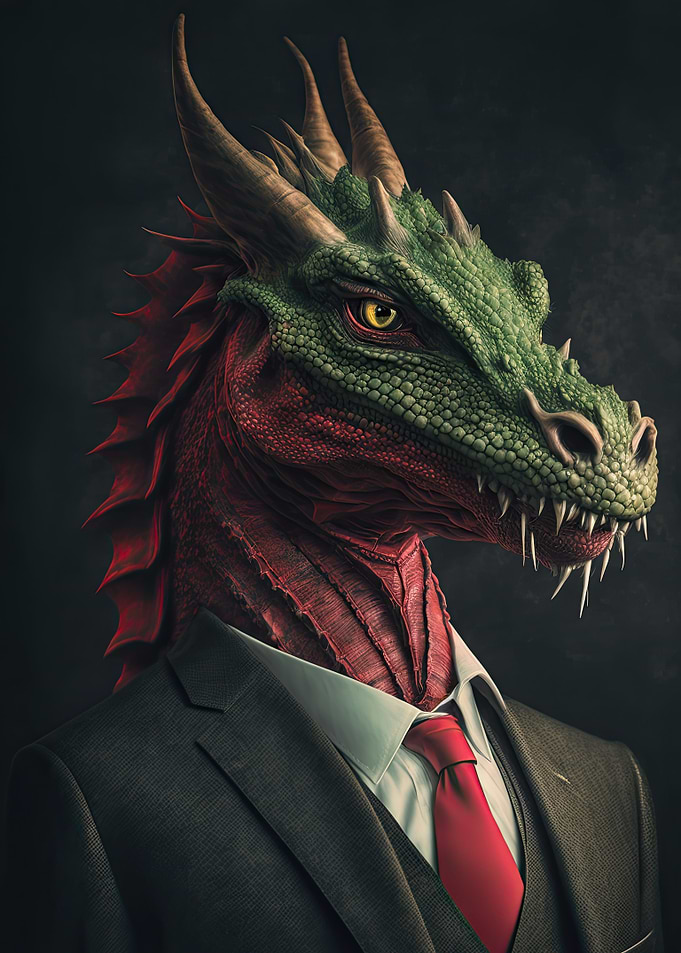 red dragon wearing a suit
