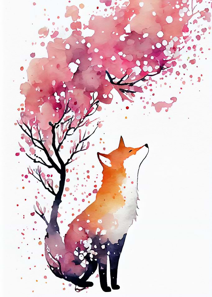 Red fox with Sakura Tree