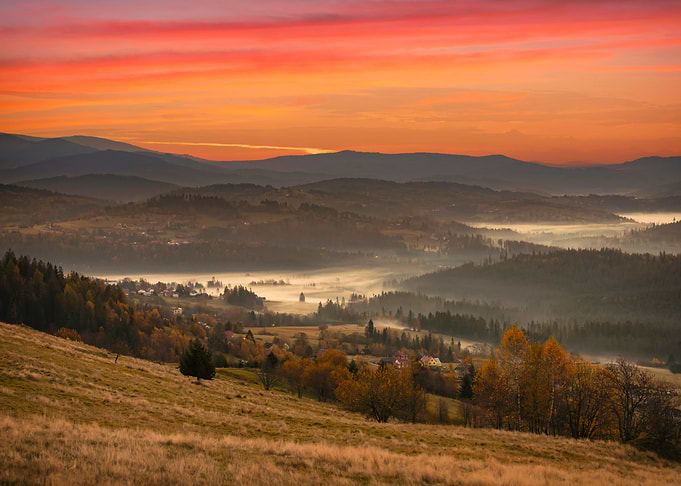 Autumn travel misty dawn