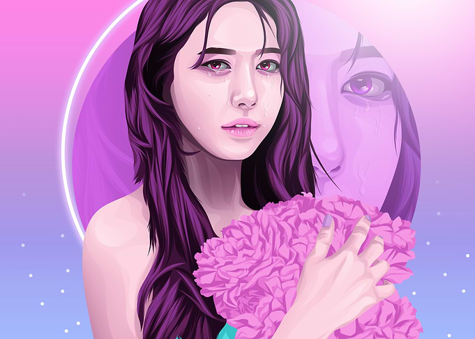 sad pink blue korean girl