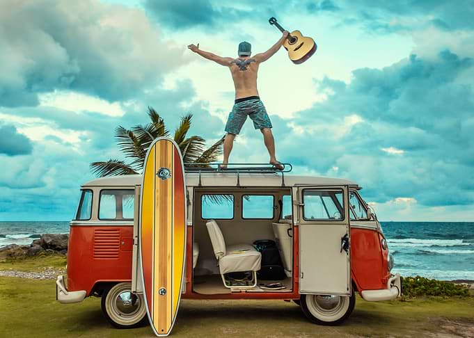 Musician in a classic car
