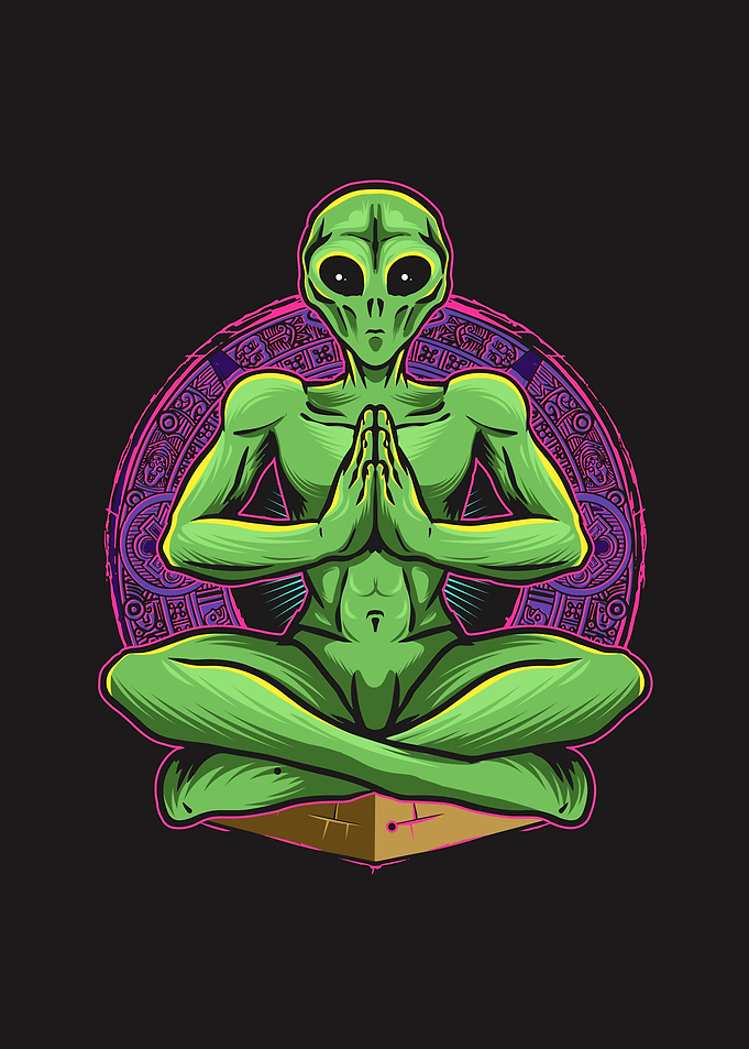 Greem alien doing yoga