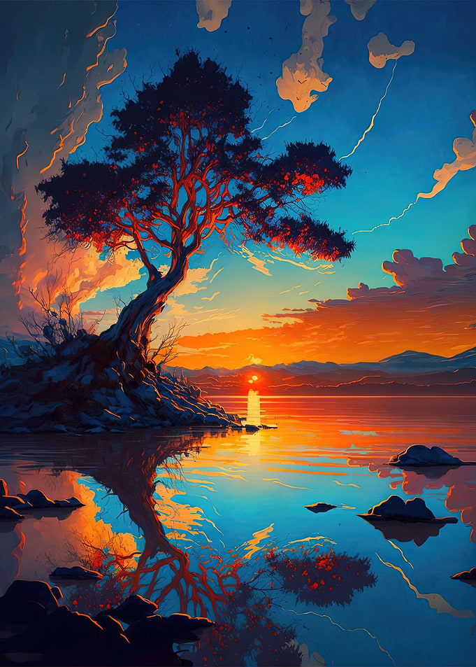 Sunset Island with Tree