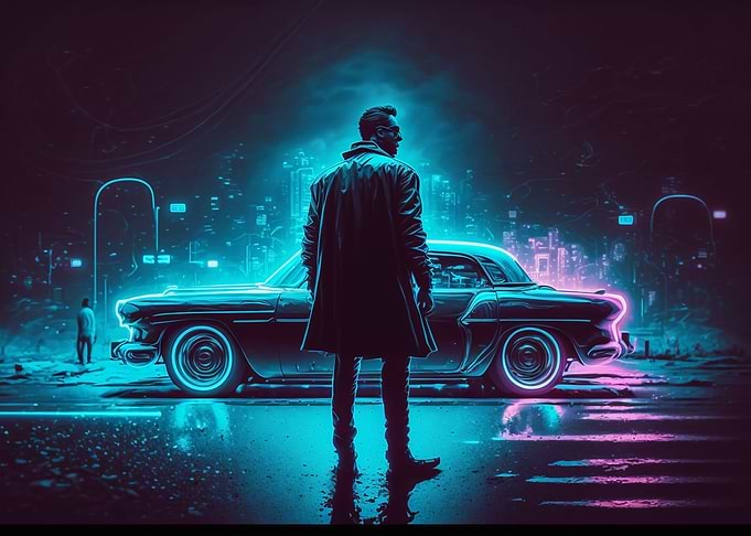 Neon Old Car and Man