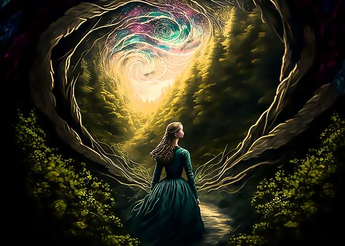 Girl in vortex forest