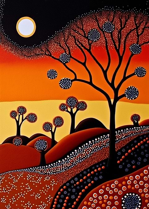 Desert Oasis Australian — dot painting style metal print