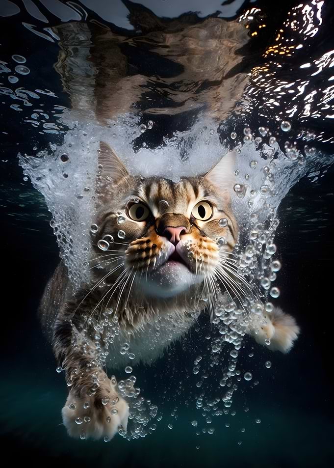 Frightened cat under water