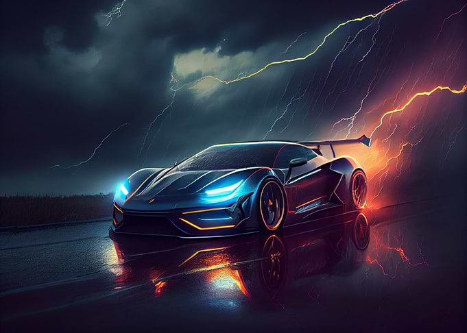 Sports car and lightning