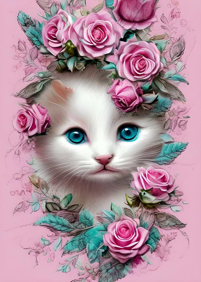 Cute white Cat with Roses