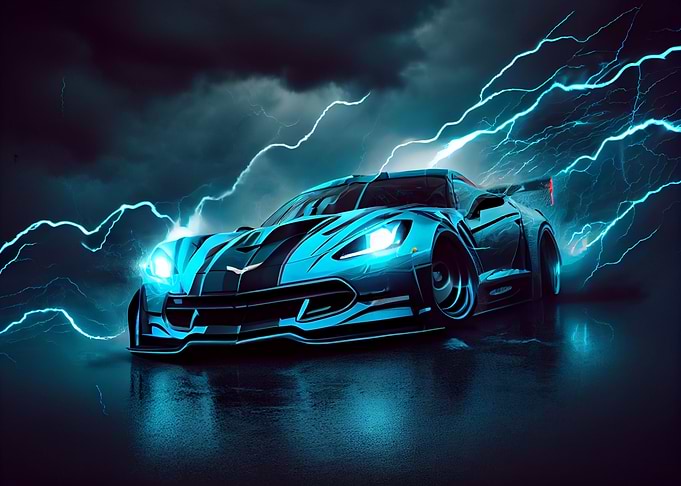 Sports car and lightning