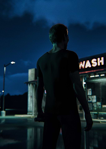 Man and laundromat