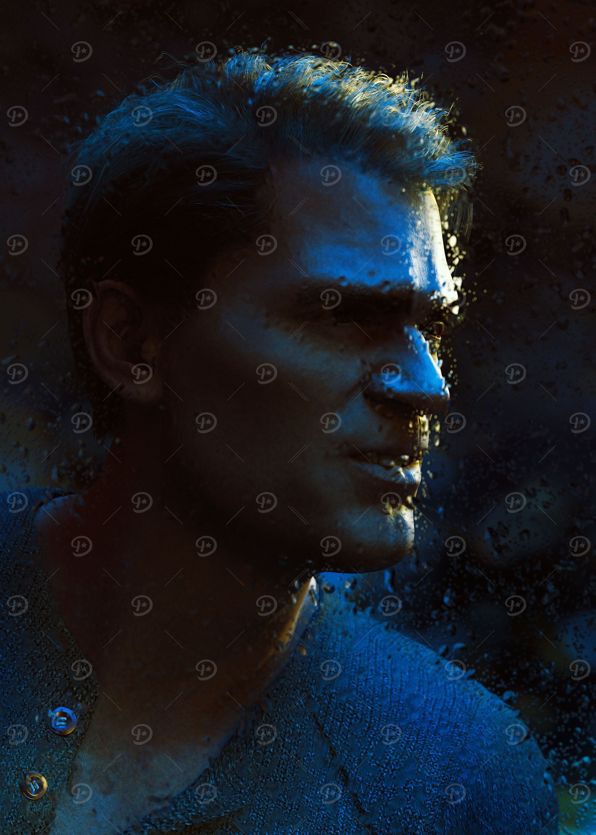 Man behind wet window