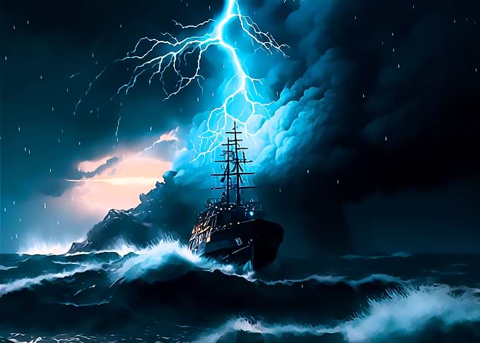 Ship in Storm Ocean