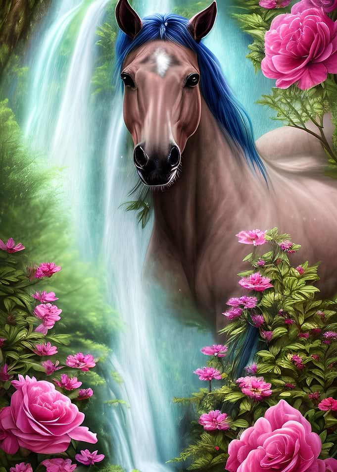 Brown Horse at Waterfall