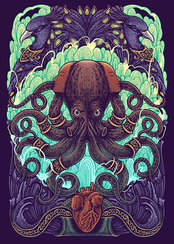 Octopus Peacok Engraving