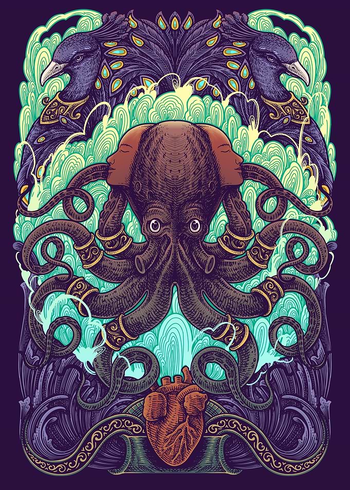 Octopus Peacok Engraving