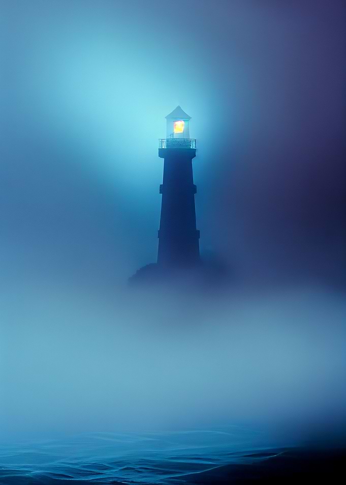 A lighthouse in the fog