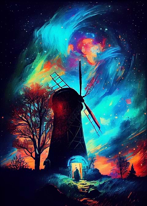 Neon Night with Windmill — metal poster wall art