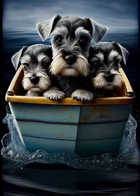 Schnauzer Pups Boat Ride — living room metal wall art