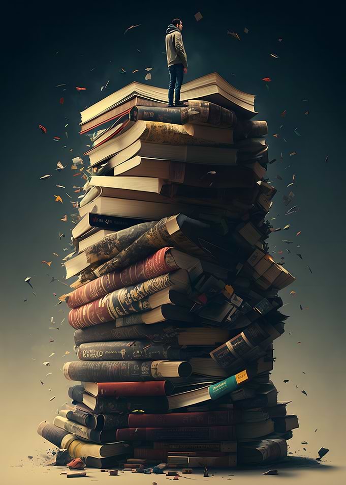 Man and pile of books.