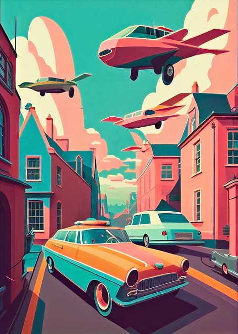 Pastel Colored Flying Car — metal poster wall art