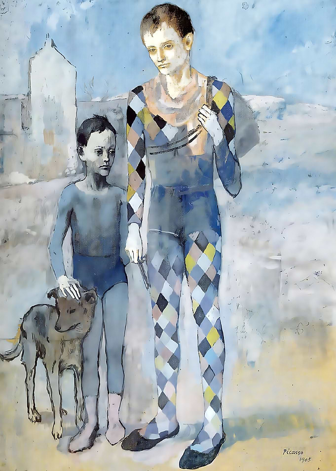 two acrobats with a dog