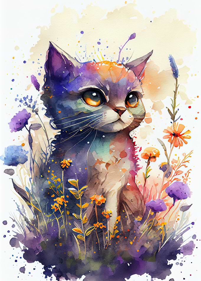 Watercolor Cat Flowers