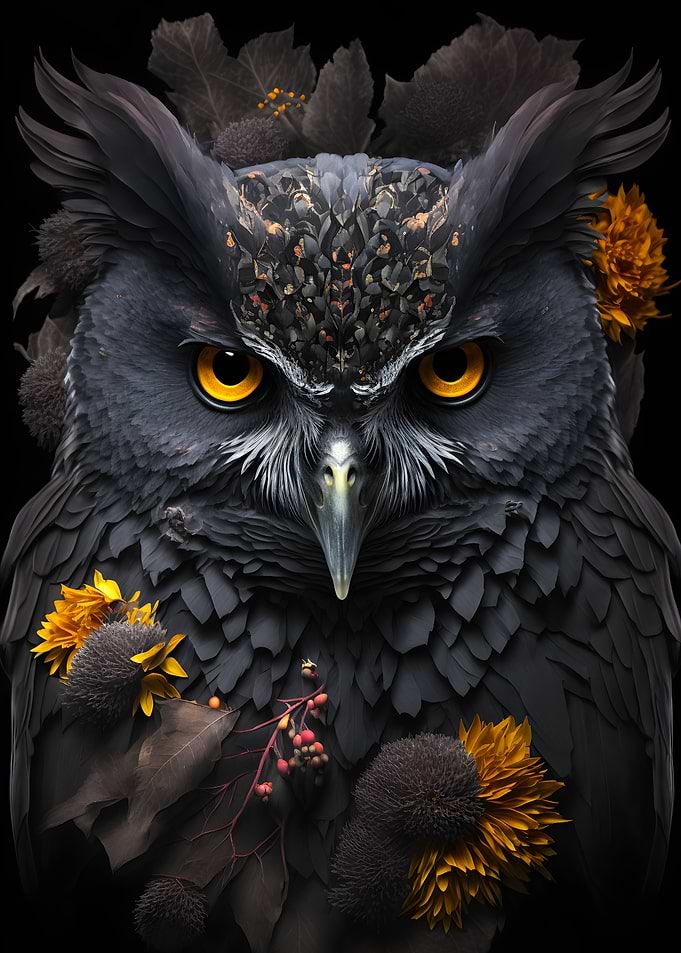 owl face with flowers art