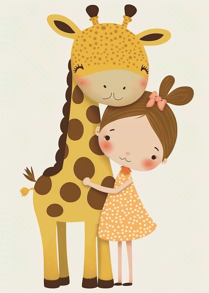 Giraffe and girl Hug Cute