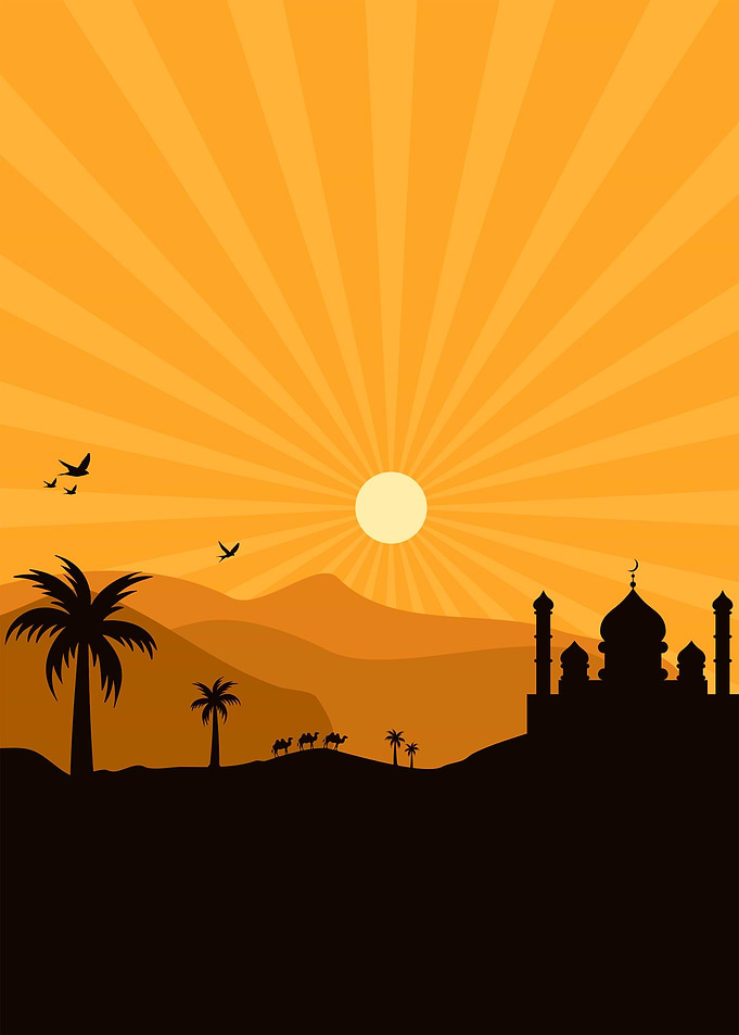 islamic sunset on desert