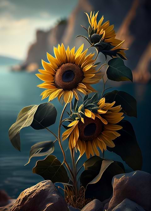 Ocean View Sunflowers — living room metal wall art