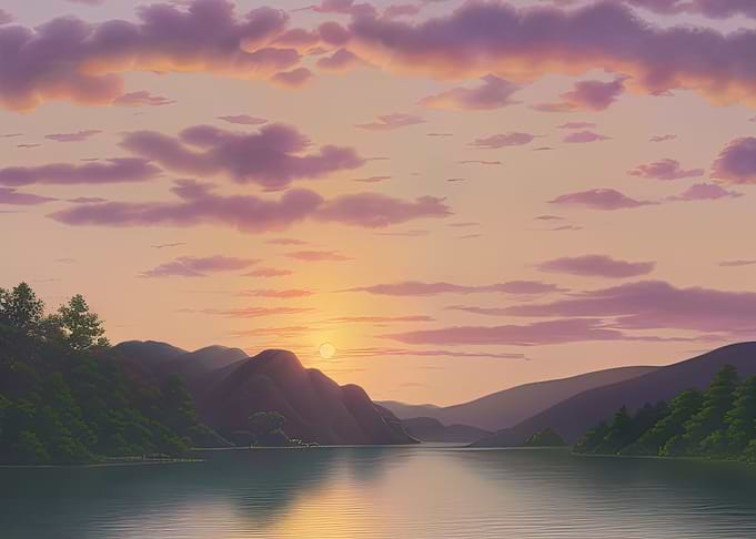Anime Lake Sunset Scenery