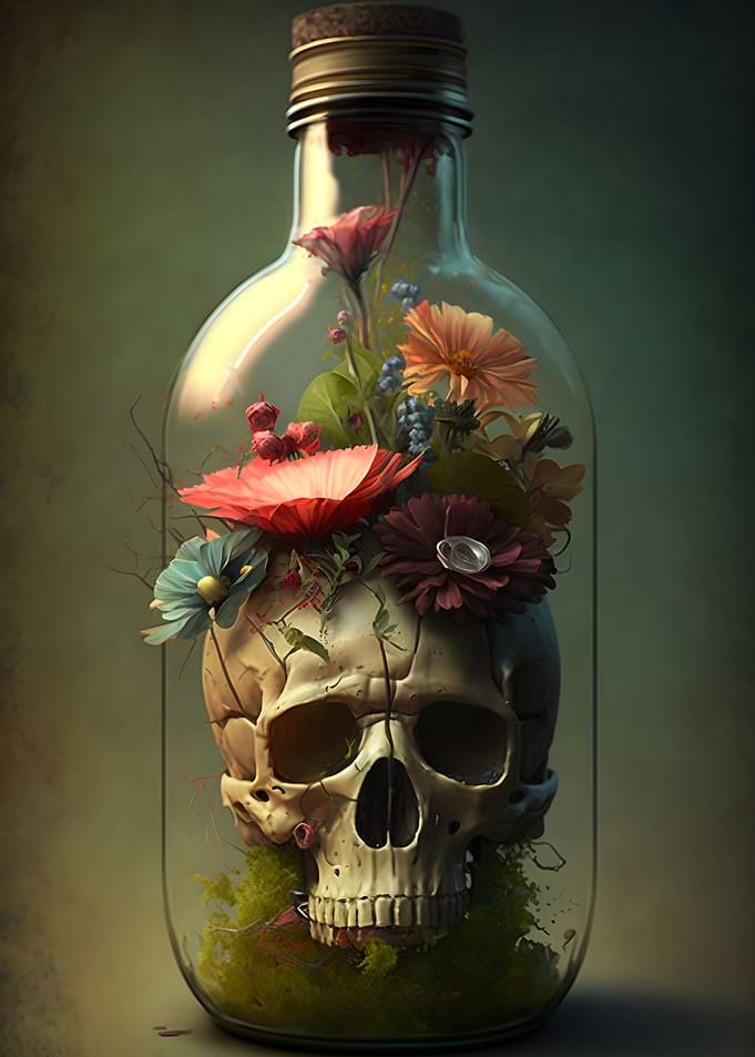 Floral Scull in bottle