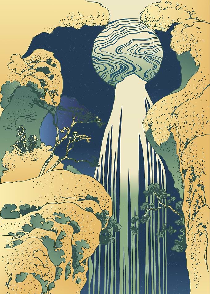 Waterfall woodcut japan
