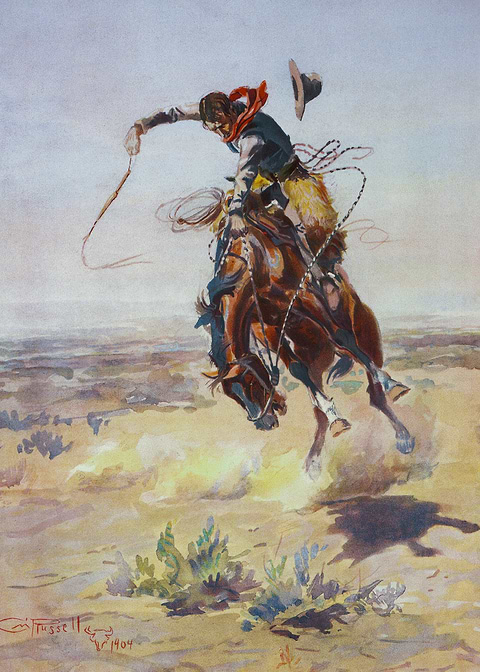 Cowboy on a bucking bronco — western art metal poster