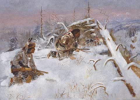 Crow Indians Hunting Elk — western art metal poster