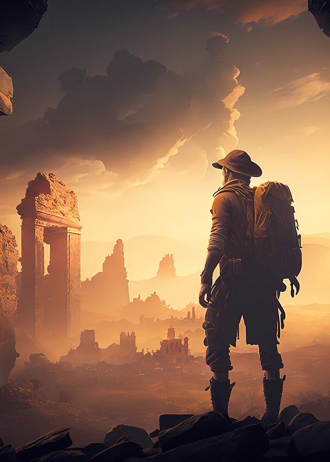 Explorer looking at ruins