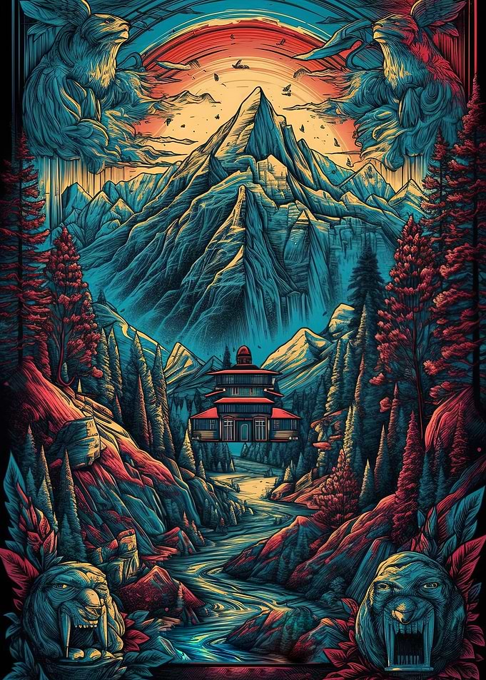 Red forest with a sunset