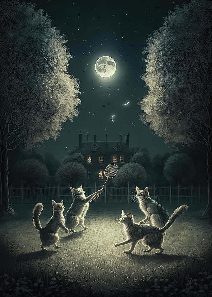 Cats playing badminton