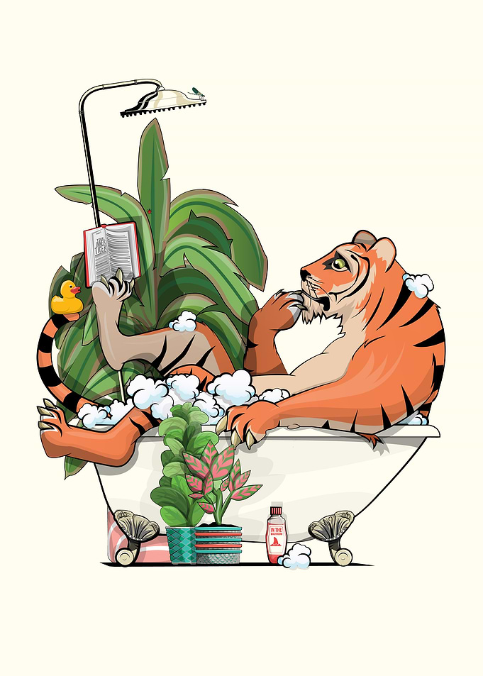 Tiger Reading in the Bath