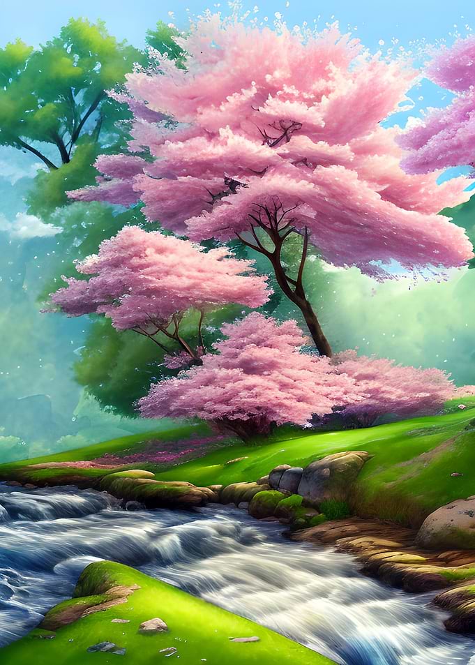 Cherry Tree by Waterfall