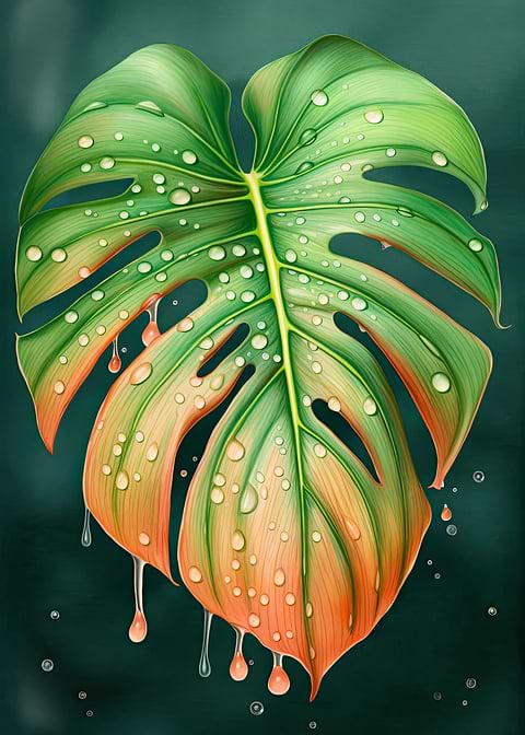 Vibrant Monstera Rain Art — monstera botanical metal print