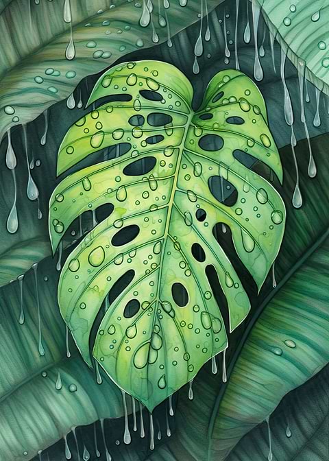 Colorful Rain on Monstera — monstera botanical metal print