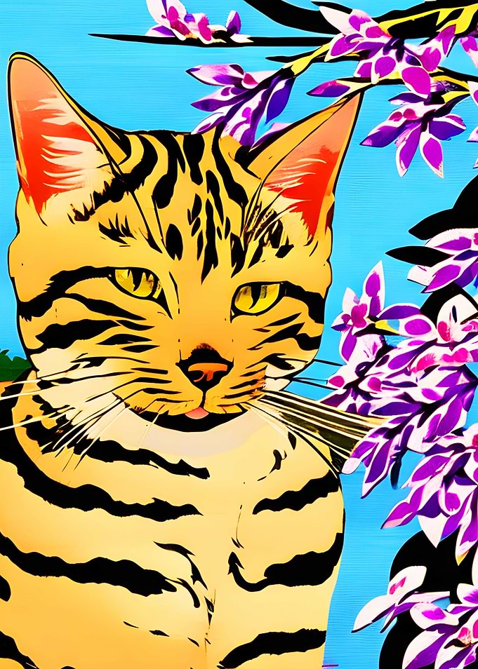 Bengal cat sitting flowers