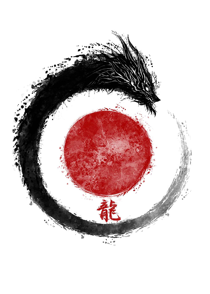 Dragon and red sun