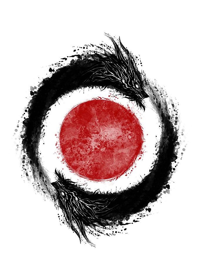 Twin Dragons and red moon