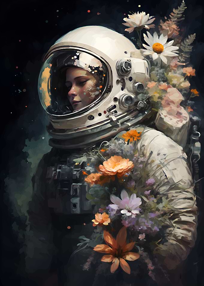 astronaut and flowers