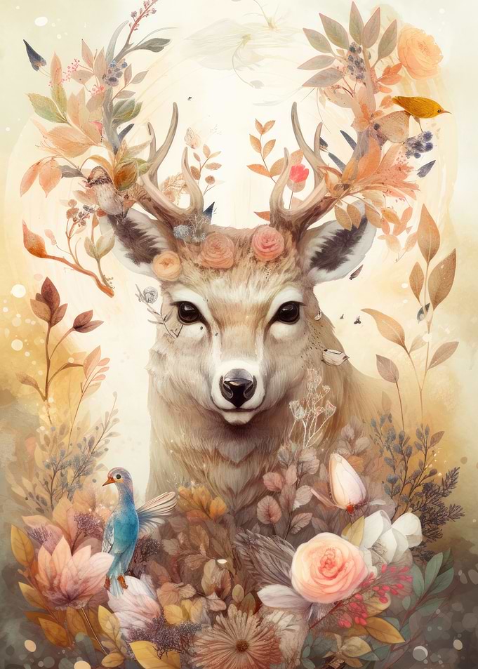 Art Dear With Flowers