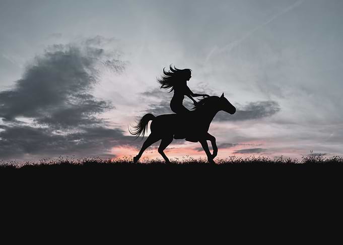 woman and horse backlit